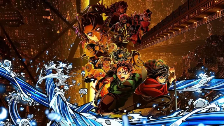 Crítica de Kimetsu no Yaiba: La fortaleza inifinita que muestra a Tanjiro y sus aliados luchando con espadas envueltas en agua frente a demonios.