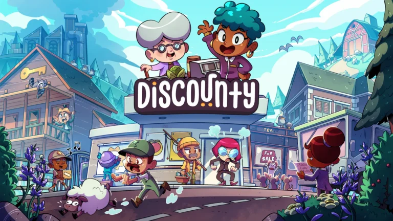 Ilustración colorida de Discounty donde la protagonista y su abuela dirigen un supermercado en un animado pueblo lleno de personajes.