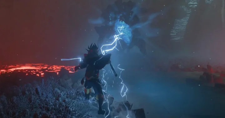 Guerrero de Enshrouded lanza rayos eléctricos contra una criatura de roca en un entorno con lava.