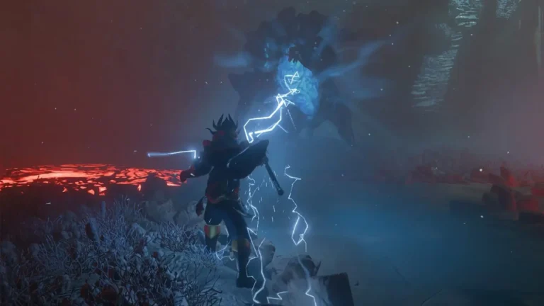 Guerrero de Enshrouded lanza rayos eléctricos contra una criatura de roca en un entorno con lava.