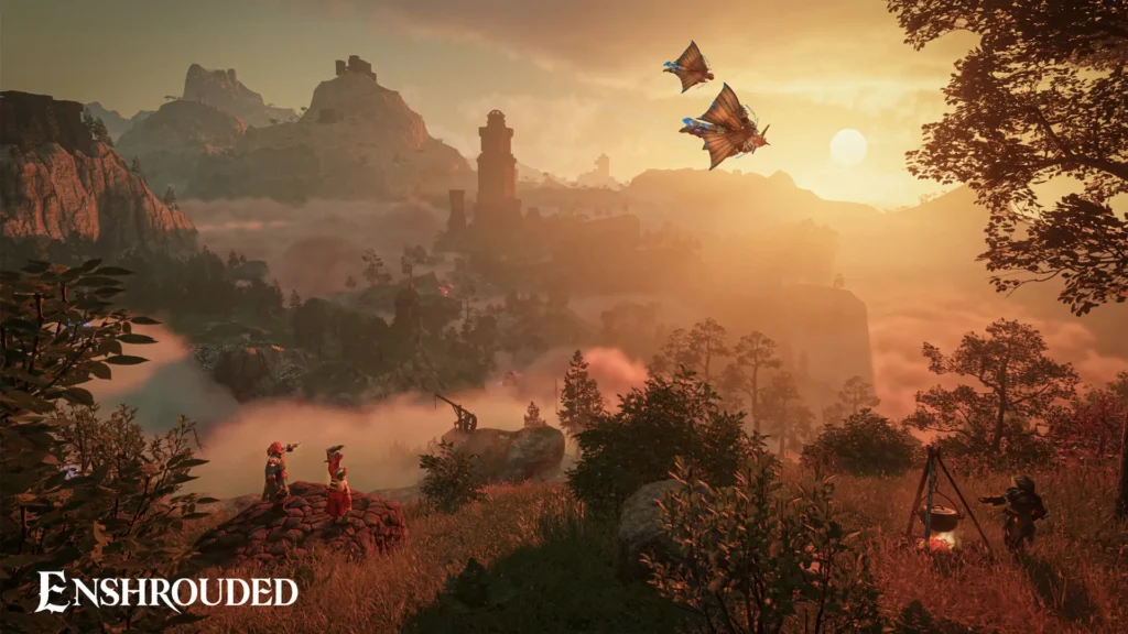 Exploradores de Enshrouded contemplan un horizonte montañoso al atardecer mientras planeadores cruzan el cielo.