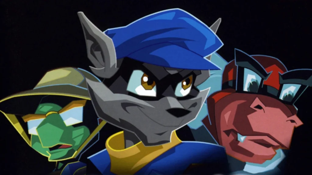 Los héroes de los videojuegos de antes: Sly Cooper (mapache), Bentley (tortuga) y Murray (hipopótamo) posan en un primer plano de estilo cel-shaded.