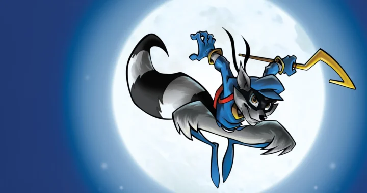 Sly Cooper, un mapache antropomórfico, se lanza con su bastón gancho contra una enorme luna llena en este videojuegos de antes.