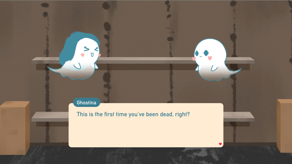 Dos fantasmas en Love, Ghostie conociéndose y charlando frente a unas estanterías vacías.
