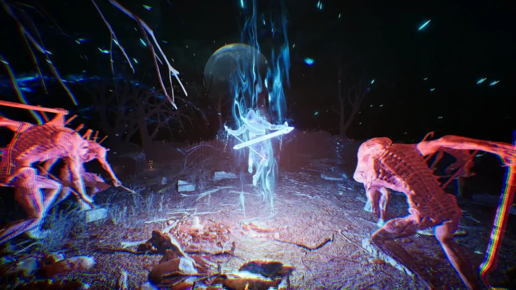 En la pesadilla de Snake en Metal Gear Solid Delta, el héroe se transforma en un fantasma azul brillante que lucha contra criaturas en un bosque.