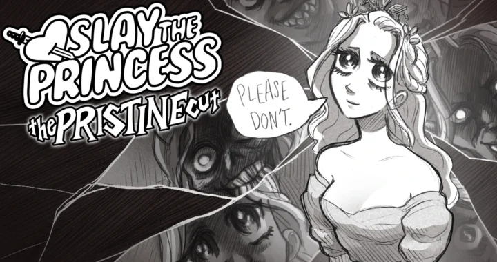 Portada de Slay the Princess: The Pristine Cut mostrando a la princesa pidiendo “please don’t” entre escenas de horror.