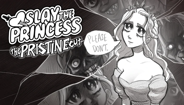 Portada de Slay the Princess: The Pristine Cut mostrando a la princesa pidiendo “please don’t” entre escenas de horror.