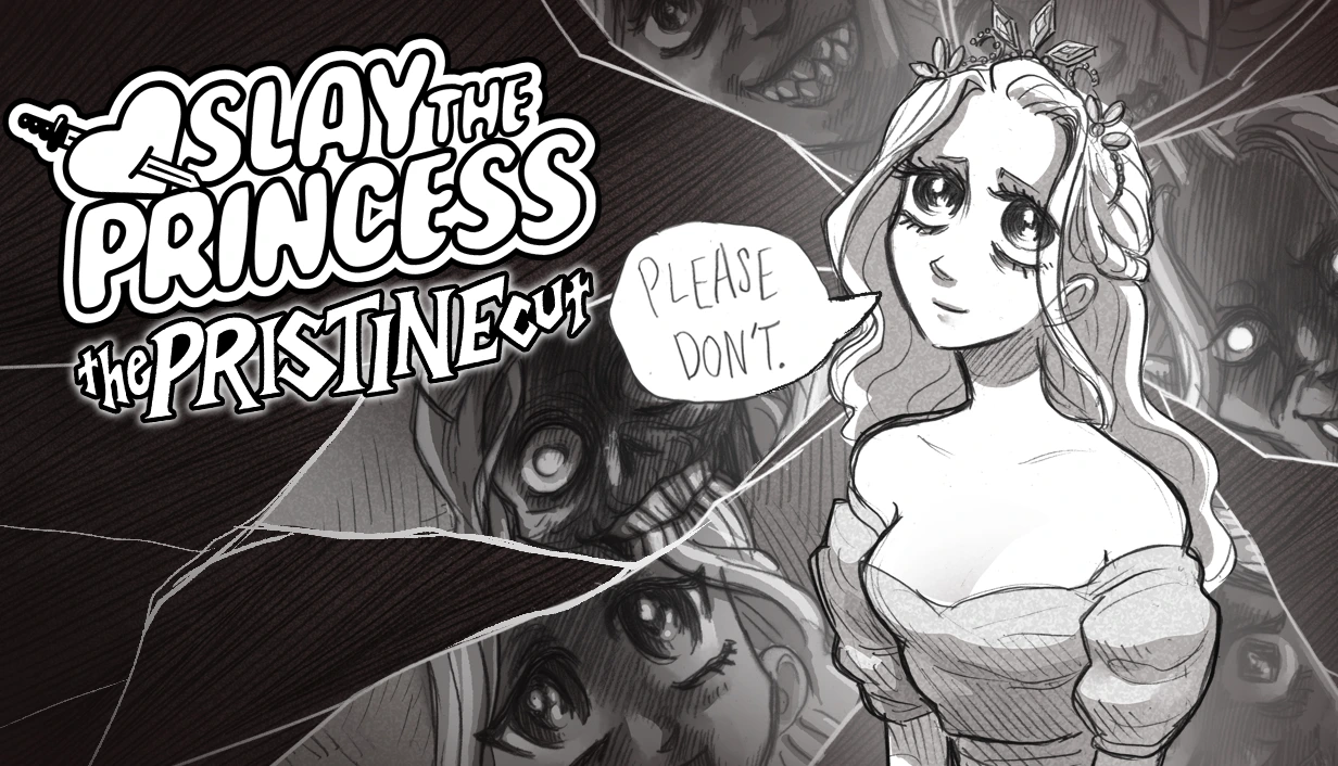 Portada de Slay the Princess: The Pristine Cut mostrando a la princesa pidiendo “please don’t” entre escenas de horror.
