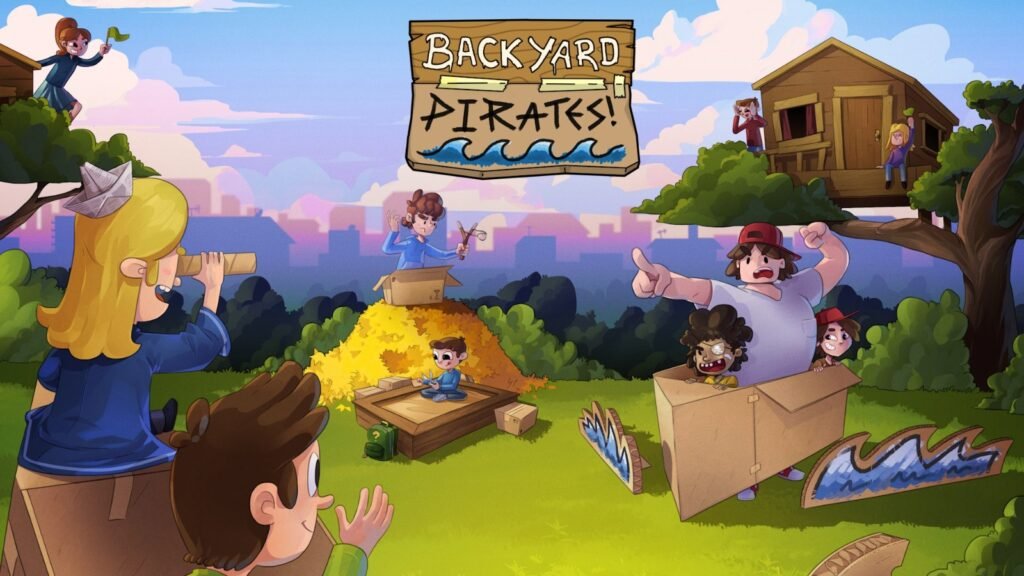 Niños jugando en un jardín con cajas de cartón y disfraces improvisados en la portada de Backyard Pirates!.