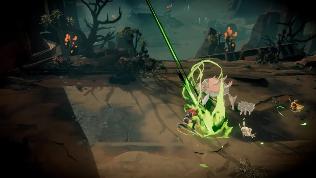 Guerrera ejecuta un ataque verde en Star Fire: Eternal Cycle contra criaturas en un páramo desolado.