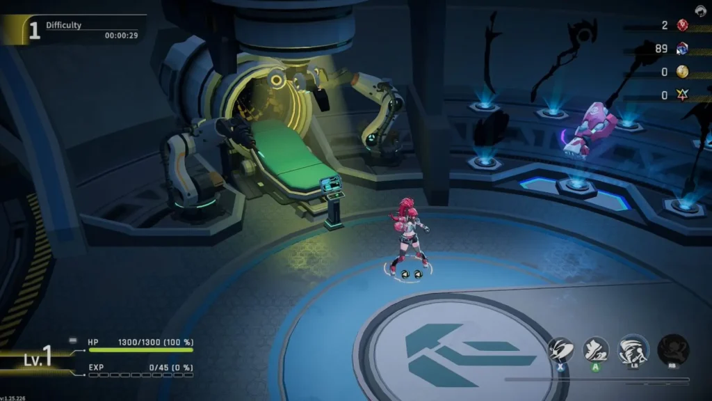 Hub futurista en Star Fire: Eternal Cycle con heroína de pelo rosa frente a cápsula tecnológica.