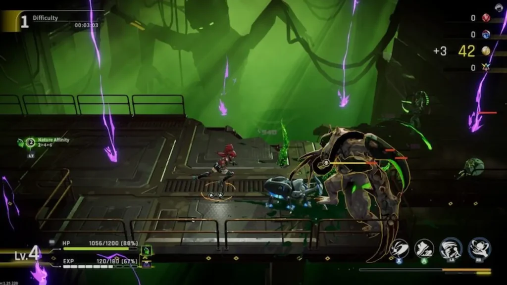 Jugadora en Star Fire: Eternal Cycle enfrenta un monstruo en laboratorio verde con rayos morados cayendo.