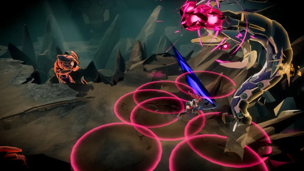 Personaje esquiva áreas rojas de ataque en Star Fire: Eternal Cycle durante un duelo con un jefe gigante.