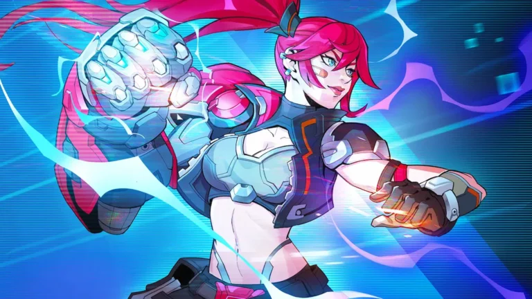Ilustración de la protagonista en Star Fire: Eternal Cycle mostrando su puño metálico en pose de combate.