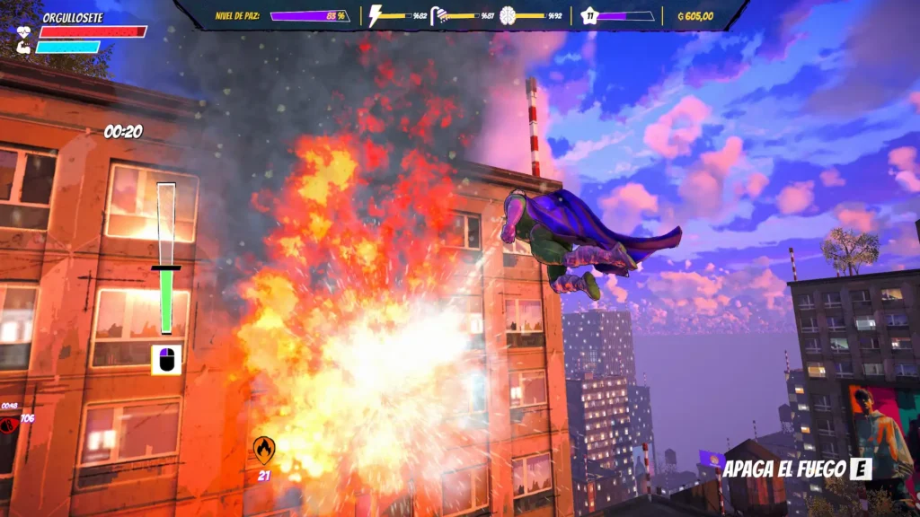 En Superhero Simulator, un héroe con capa sopla hacia un edificio en llamas para apagar la explosión.