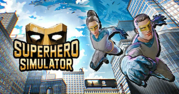 Portada de Superhero Simulator mostrando a dos superhéroes volando entre rascacielos.