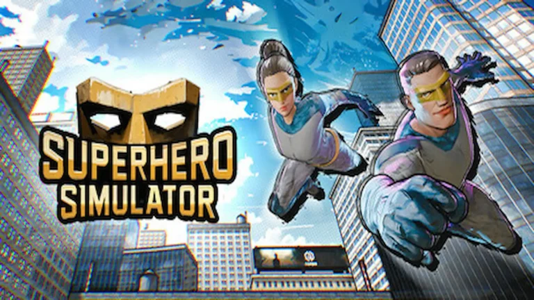 Portada de Superhero Simulator mostrando a dos superhéroes volando entre rascacielos.