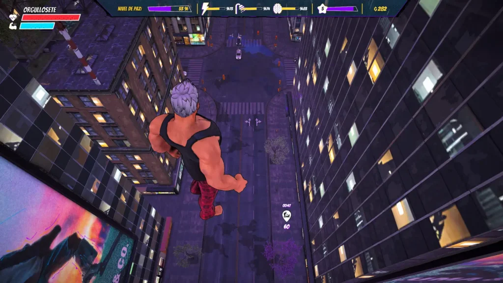 En Superhero Simulator, un héroe musculoso observa la ciudad desde lo alto, observando una calle iluminada de noche.
