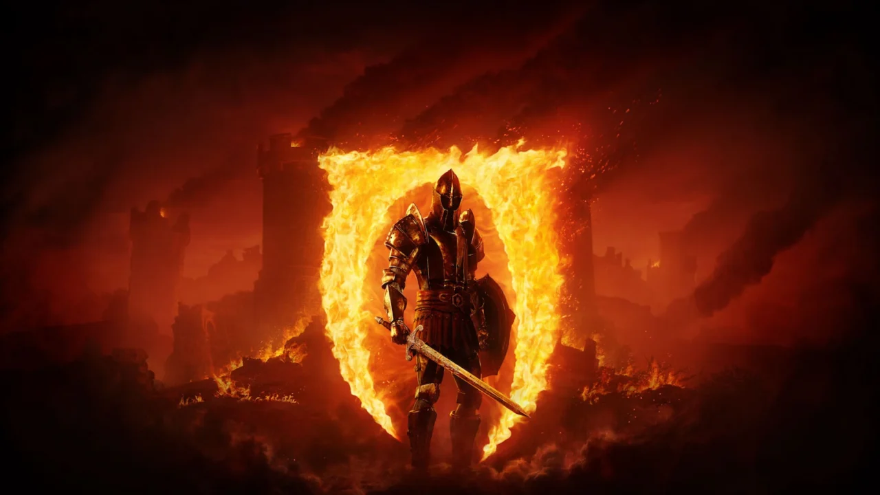 Guerrero con armadura oscura sostiene espada y escudo frente a un portal de fuego en The Elder Scrolls IV: Oblivion Remastered.