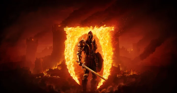 Guerrero con armadura oscura sostiene espada y escudo frente a un portal de fuego en The Elder Scrolls IV: Oblivion Remastered.