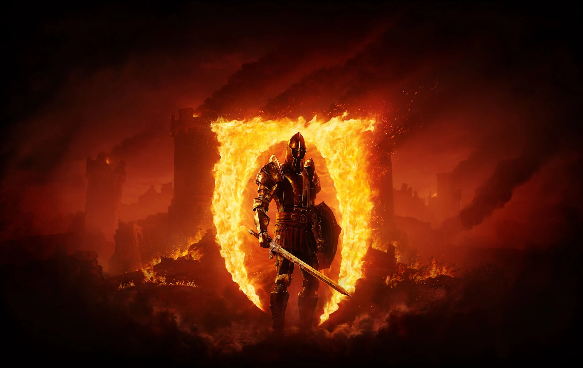 Guerrero con armadura oscura sostiene espada y escudo frente a un portal de fuego en The Elder Scrolls IV: Oblivion Remastered.