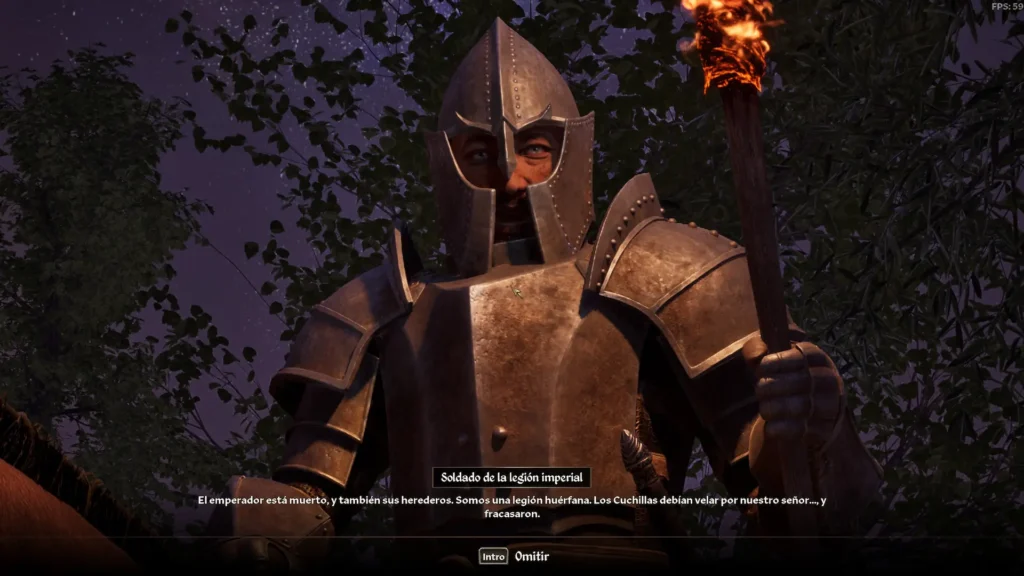 Guardia con casco de hierro y antorcha habla en una escena nocturna en The Elder Scrolls IV: Oblivion Remastered.