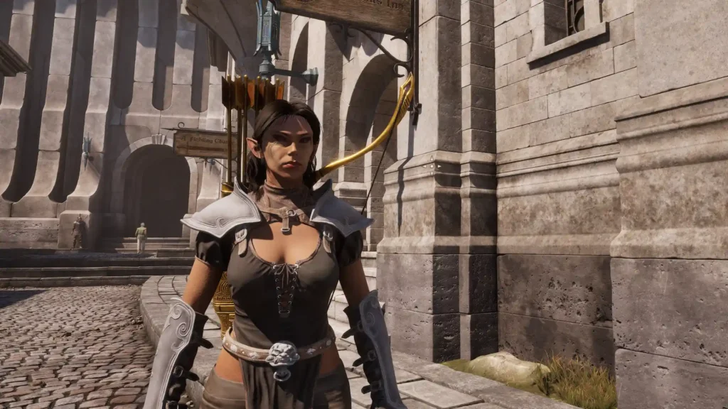 Elfa con arco dorado a la espalda camina por una ciudad de piedra en The Elder Scrolls IV: Oblivion Remastered.