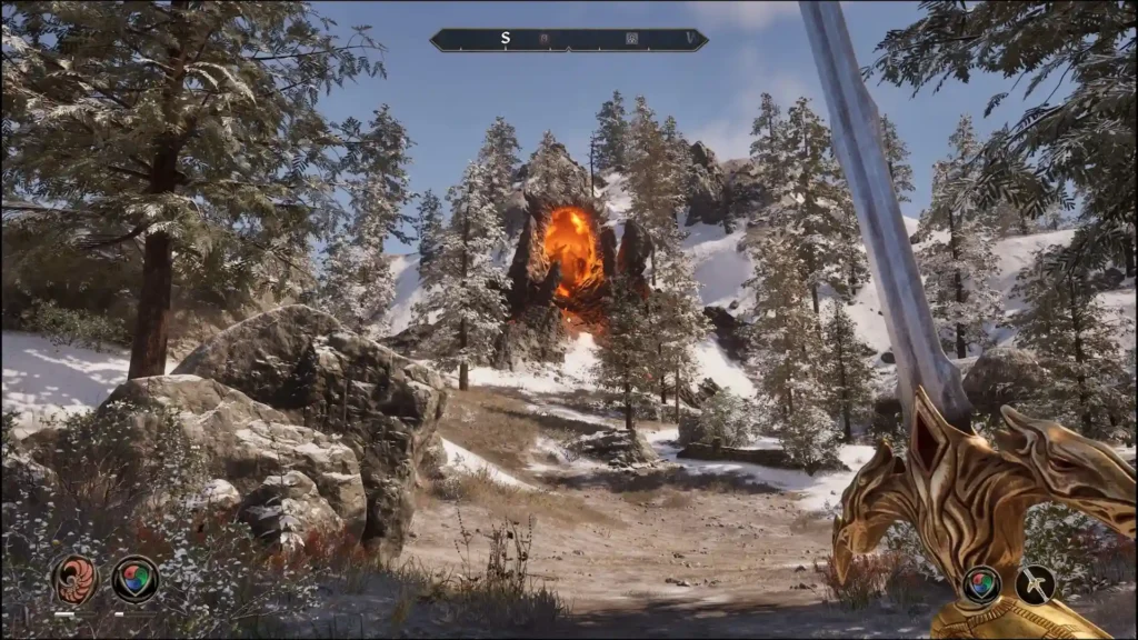 Vista en primera persona de un camino nevado hacia un portal en llamas en The Elder Scrolls IV: Oblivion Remastered.