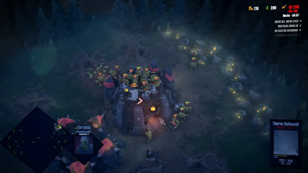 Grupo de orcos defendiendo un bastión de piedra iluminado de noche, rodeados por un ejército enemigo.