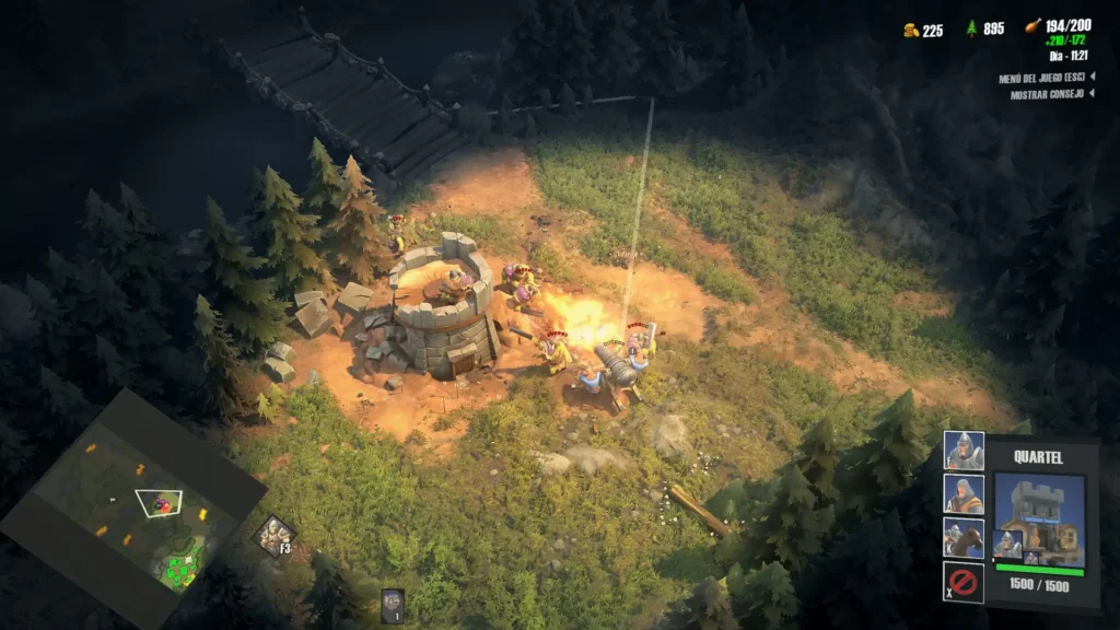 Combate en un claro del bosque, un cañón ataca una torre defendida por orcos armados.