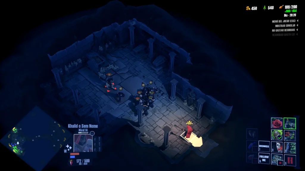 Exploración en mazmorra oscura con guerreros enfrentando esqueletos y un líder con capa roja.