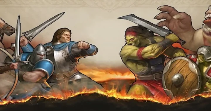 Ilustración de The Scouring con humanos y orcos en plena batalla, luchando con espadas y escudos sobre fuego.