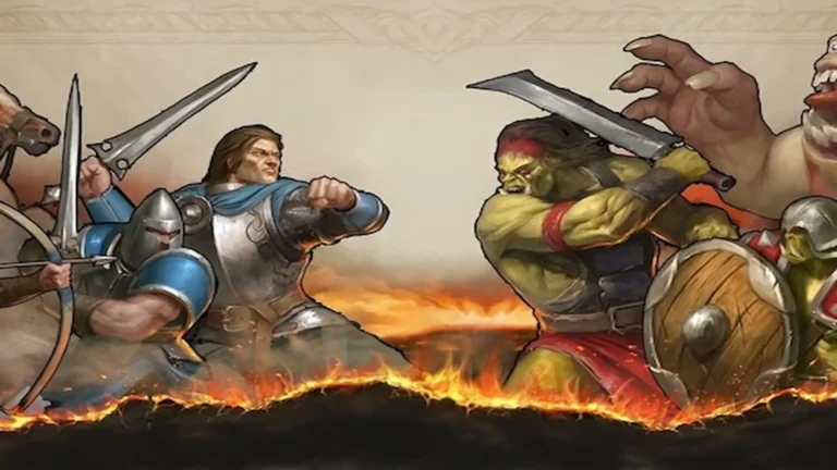 Ilustración de The Scouring con humanos y orcos en plena batalla, luchando con espadas y escudos sobre fuego.