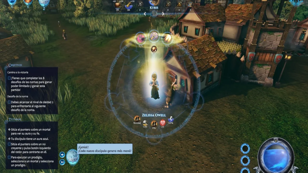 En Fata Deum, una figura brillante sobre un pedestal irradia luz, mientras dos seguidores dorados cerca piden un deseo en un altar exterior.