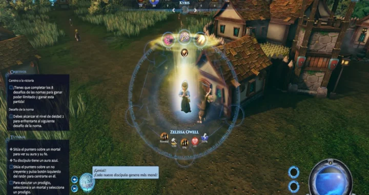 En Fata Deum, una figura brillante sobre un pedestal irradia luz, mientras dos seguidores dorados cerca piden un deseo en un altar exterior.