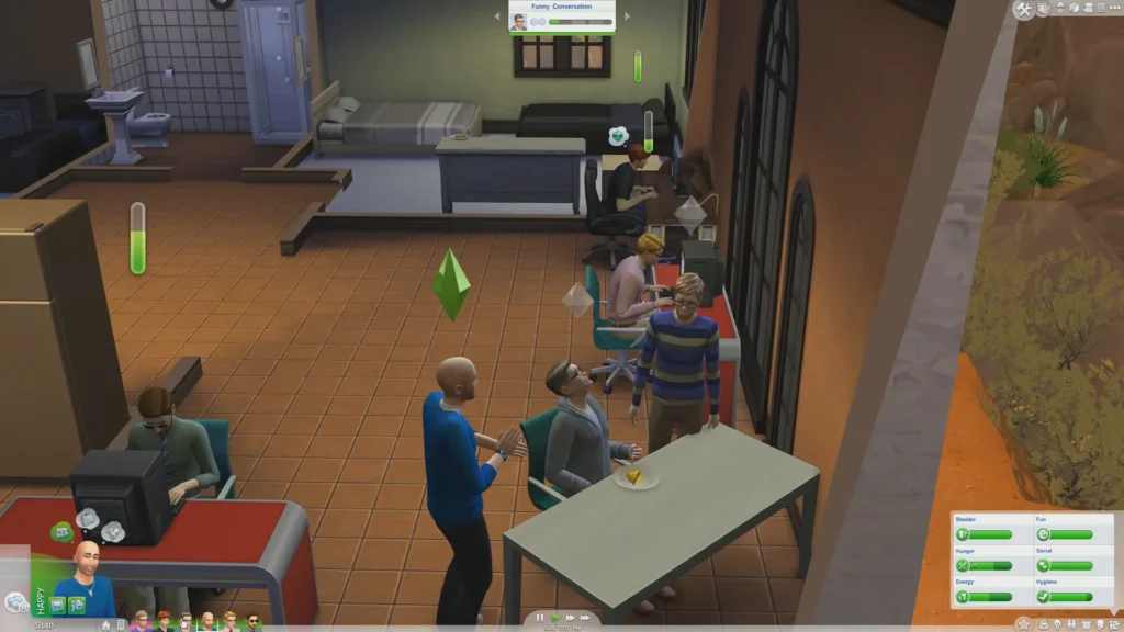 Escena de convivencia en Los Sims 4 con varios personajes socializando en una casa.
