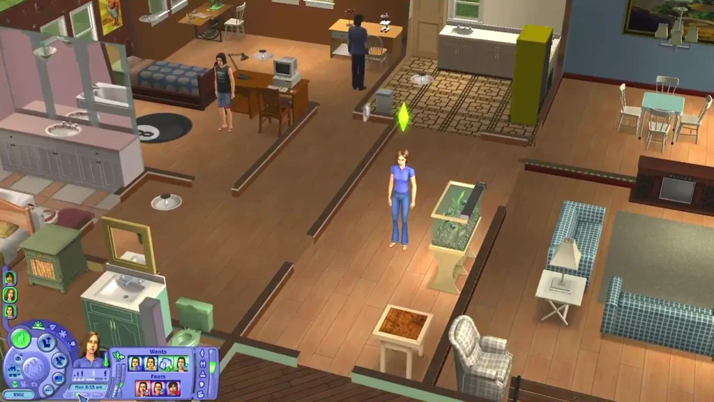 Vista de casa en Los Sims 2 con personajes realizando tareas en distintas habitaciones.