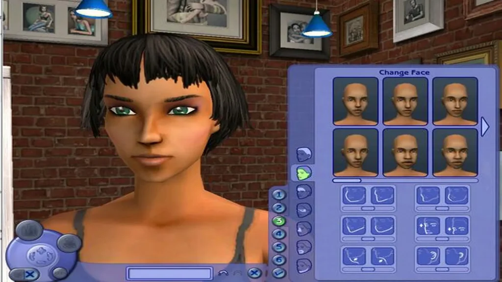 Editor de Los Sims 2 mostrando opciones de cambio facial en un personaje.