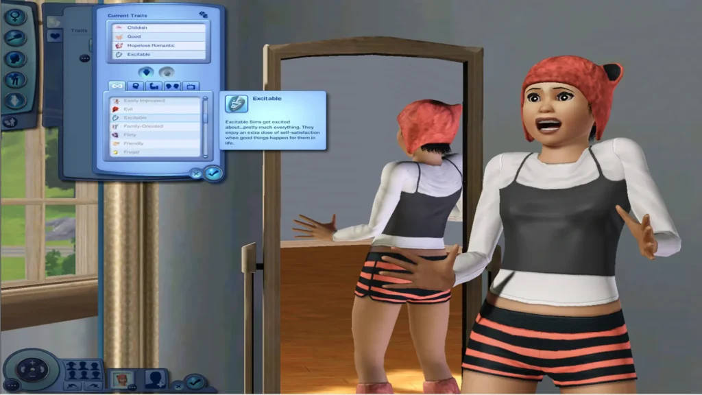 Creación de personaje en Los Sims 3 con rasgos de personalidad y expresión exagerada.