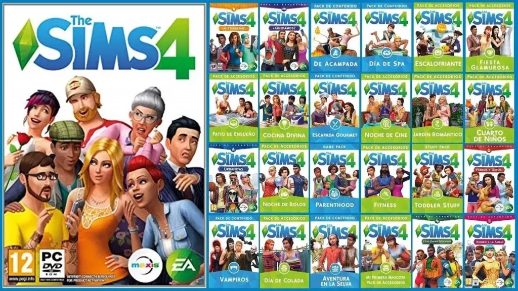 Los Sims 4 con portada y múltiples expansiones en formato de mosaico.