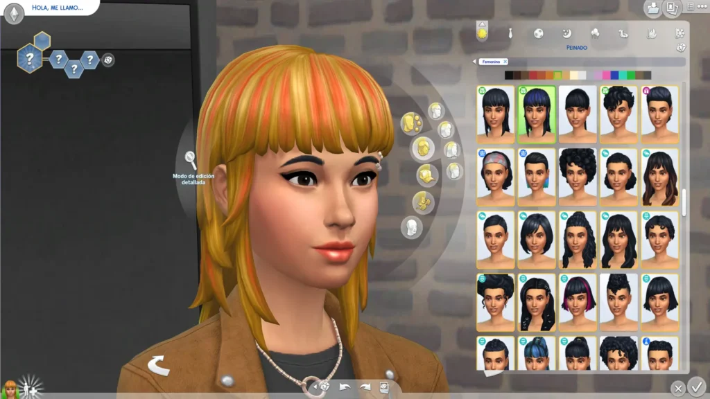 Editor de Los Sims 4 mostrando un personaje con opciones de peinados y colores.
