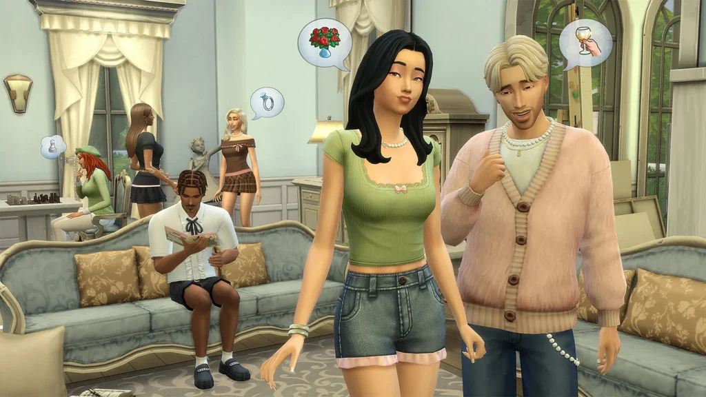 Personajes de Los Sims 4 conversan en un salón elegante mientras otros socializan y juegan en segundo plano.