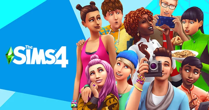 Portada de Los Sims 4 mostrando varios personajes en poses divertidas y cotidianas.