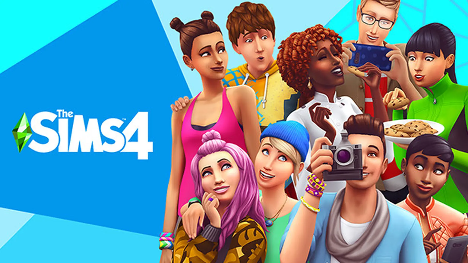 Portada de Los Sims 4 mostrando varios personajes en poses divertidas y cotidianas.