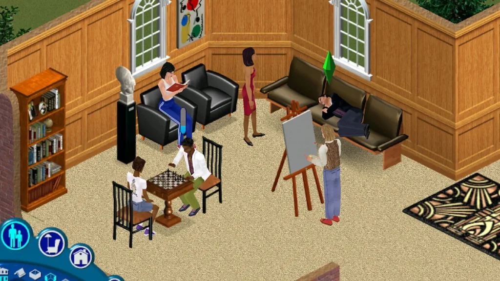 Jugadores en Los Sims original interactúan en una sala con ajedrez, pintura y lectura.