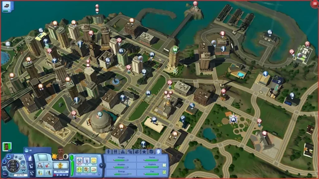 Mapa urbano de Los Sims 3 con edificios y marcadores de actividades disponibles.