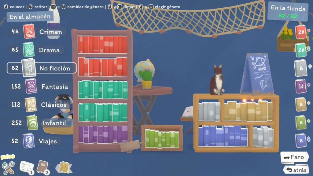 Estanterías repletas de géneros variados en Tiny Bookshop, con un gato descansando en la tienda.