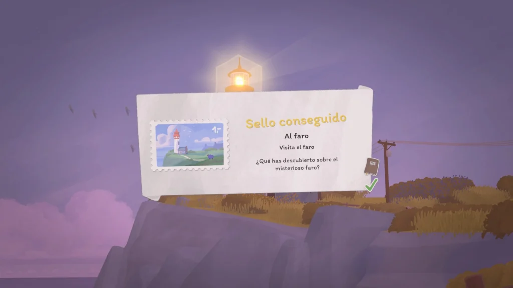 Pantalla de logro desbloqueado en Tiny Bookshop al visitar el misterioso faro de la isla.