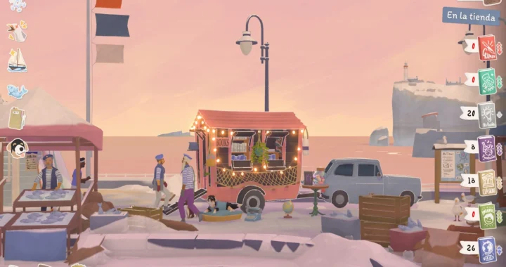 Puesto de libros sobre ruedas en la costa, con marineros paseando y un faro iluminado al fondo.