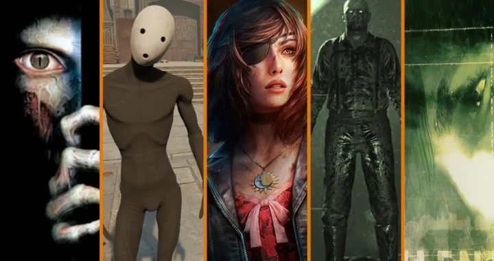 Montaje con cinco protagonistas de juegos de terror clásicos y modernos, cada uno con estética distinta.